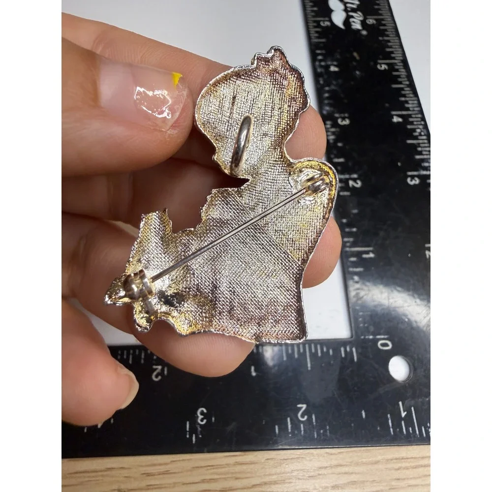 Vintage Precious Moments Girl with Cat Brooch Pendant Two Tone Silver Gold Pin